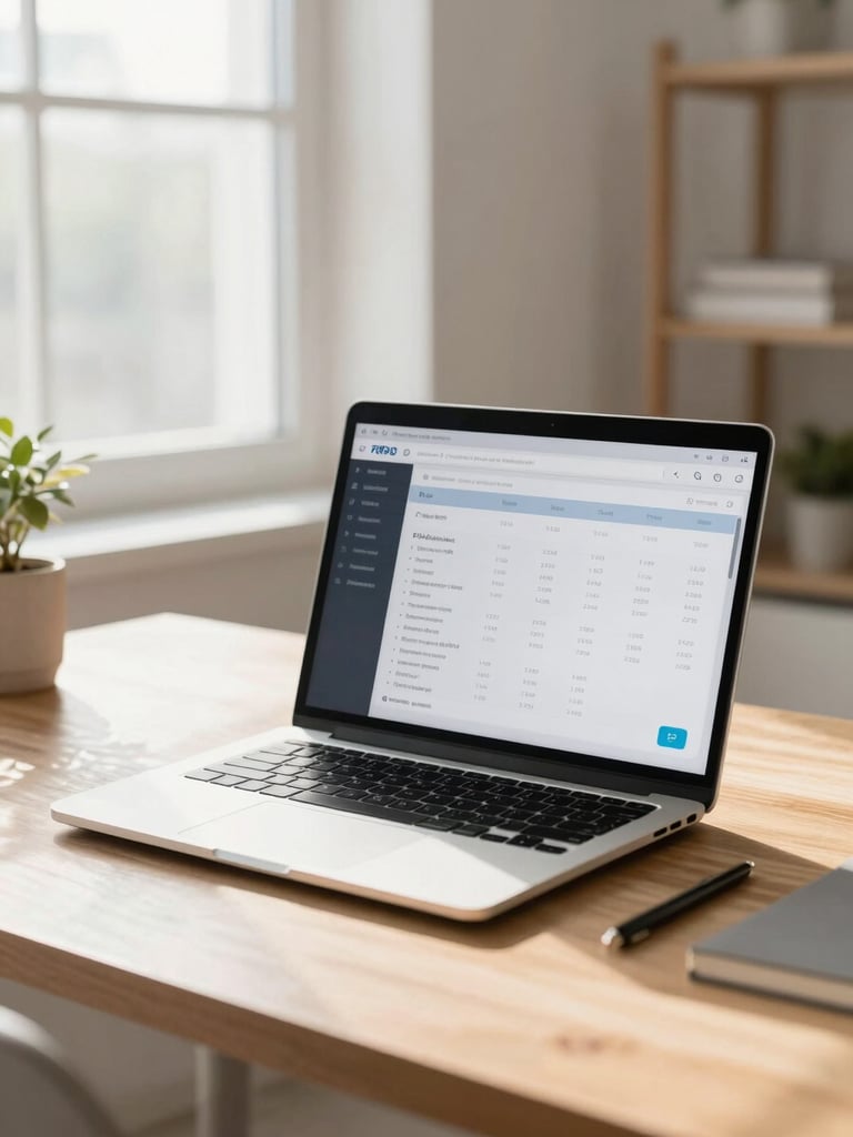 A bright modern home office during daytime, a laptop open on a clean wooden desk showing a transparent pricing page, soft sunlight streaming through a nearby window, shallow depth of field