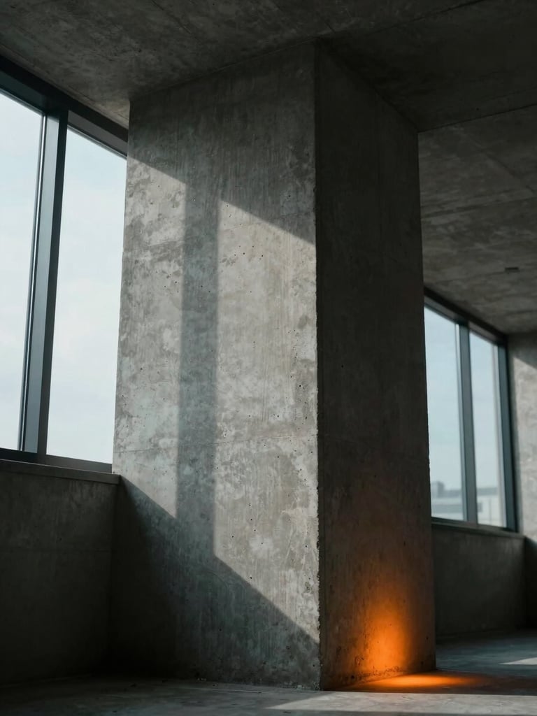 Portrait-oriented shot looking up along a finished concrete column toward a structural ceiling junction, cool north-facing daylight from a high window cutting a sharp diagonal across the column face, deep charcoal shadow on the left half, orange accent light catching the column base detail at floor level