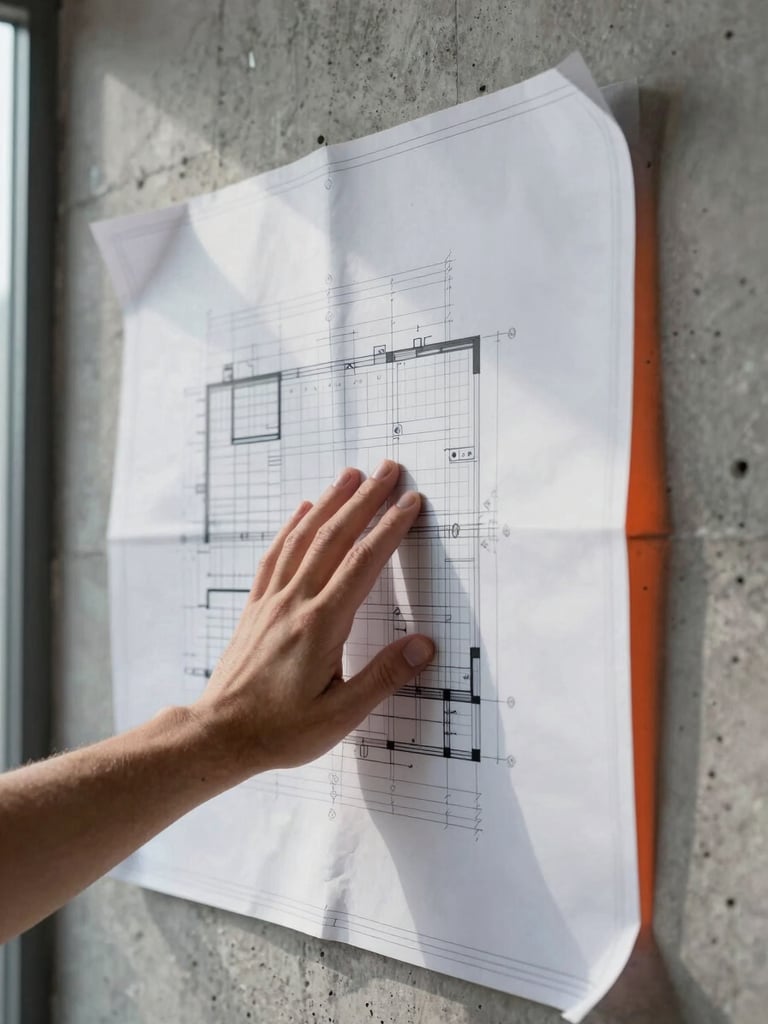 Close-up portrait frame, a hand pressing a crisp architectural blueprint flat against a raw concrete wall mid-construction, cool north-facing window light raking across the paper surface revealing printed grid lines and structural annotations, a thin deep-orange glow catching the concrete edge at the right margin, no people visible except the hand — material meeting material