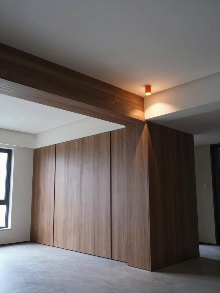 Wide-angle interior of a completed luxury residential living space — structural beam junction with ceiling plaster meeting a wall of bespoke joinery, a single deep-orange accent light mounted in the ceiling detail casting a precise glow on the timber edge, cool ambient daylight from the left, no staging furniture, finish quality the subject