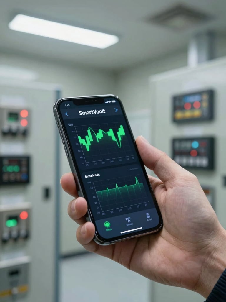 Close-up of a smartphone screen showing SmartVoolt app voltage monitoring graphs with green stabilization lines, held in a hand inside an industrial electrical panel room, bright overhead fluorescent lighting, clinical and sharp