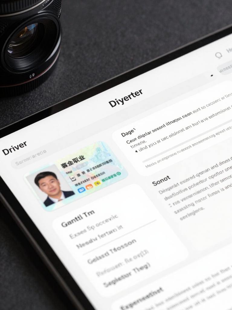 A high-fidelity UI mockup of a document parsing interface, showing a driver license and declaration page with digital bounding boxes highlighting extracted text fields under crisp cool studio light.