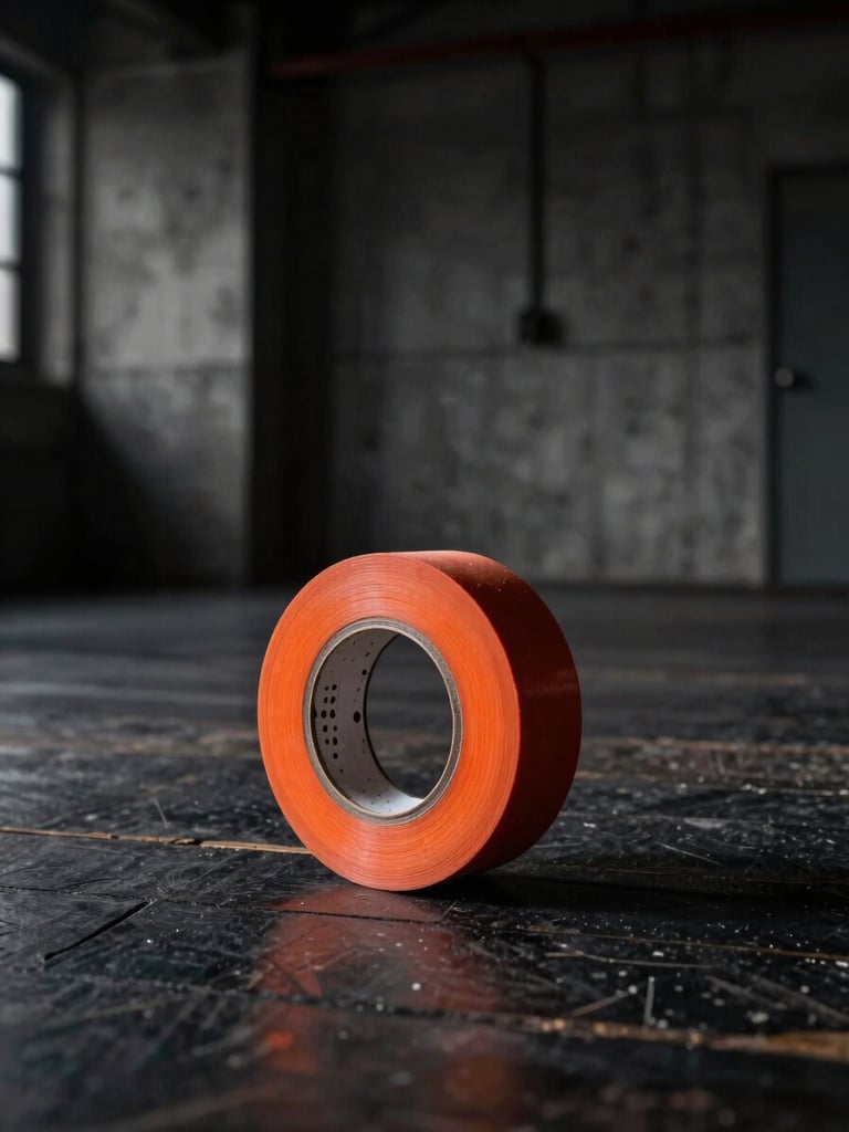 Close-up of stage tape on a dark wooden floor, dramatic chiaroscuro lighting, industrial background with raw concrete, 35mm film style