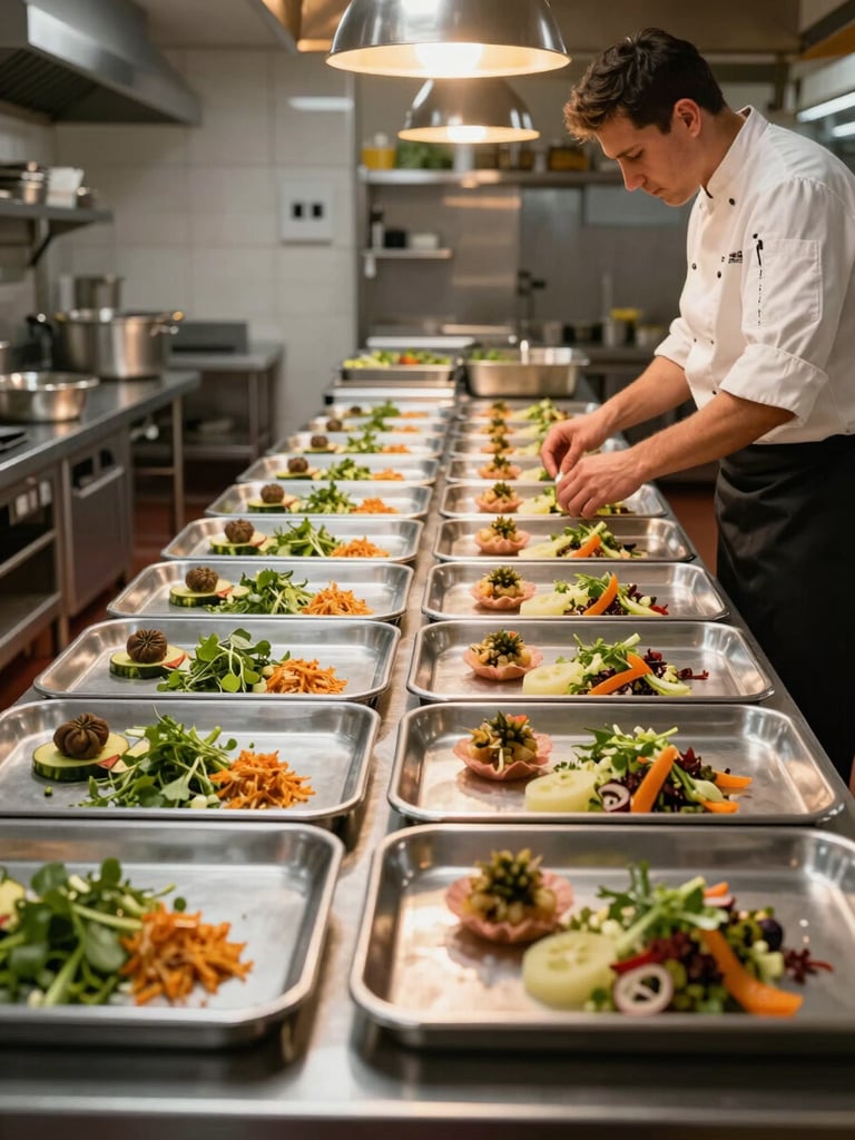Wide environmental shot of a professional catering kitchen in full organized preparation — stainless steel surfaces, large service trays lined up in rows, chef's hands adjusting a garnish tray under warm tungsten overhead light, no clutter, sense of controlled scale