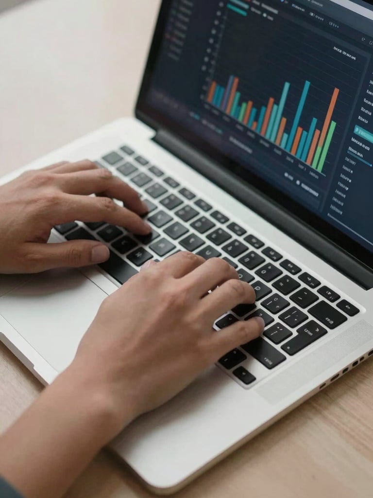 Close-up overhead shot of hands typing on a laptop keyboard, a data dashboard with bar charts visible on the screen, cool studio lighting, neutral office desk surface, sharp focus on the screen data