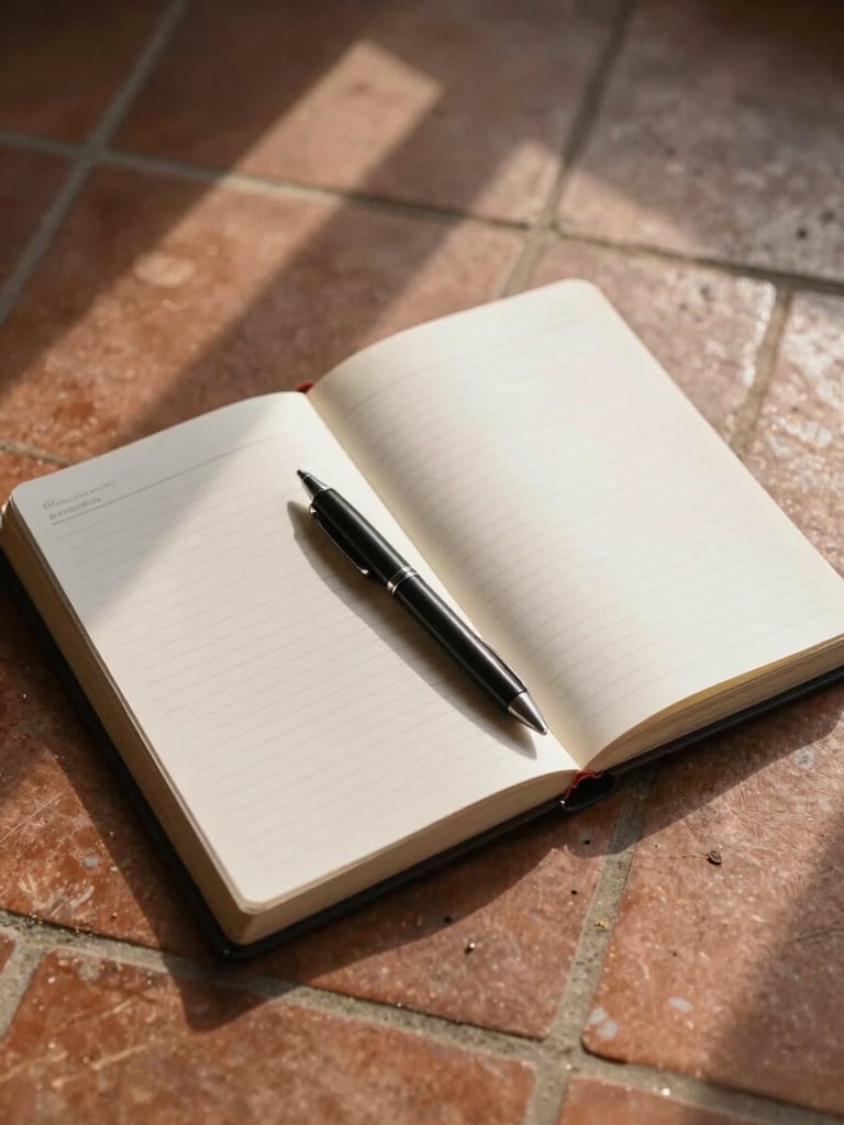 Overhead study of an open travel planner laid flat on a terracotta-tiled floor, a pen resting diagonally across the page, soft afternoon light casting long shadows, no text visible, warm documentary light