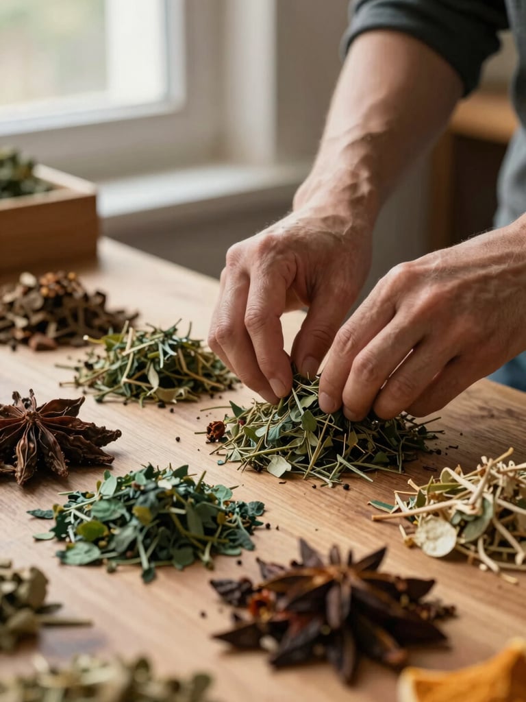 Close-up of hands arranging dried herbs and spices on a wooden market table, north-facing window light casting soft shadows, earthy ochre and deep green tones, shallow depth of field, no faces visible
