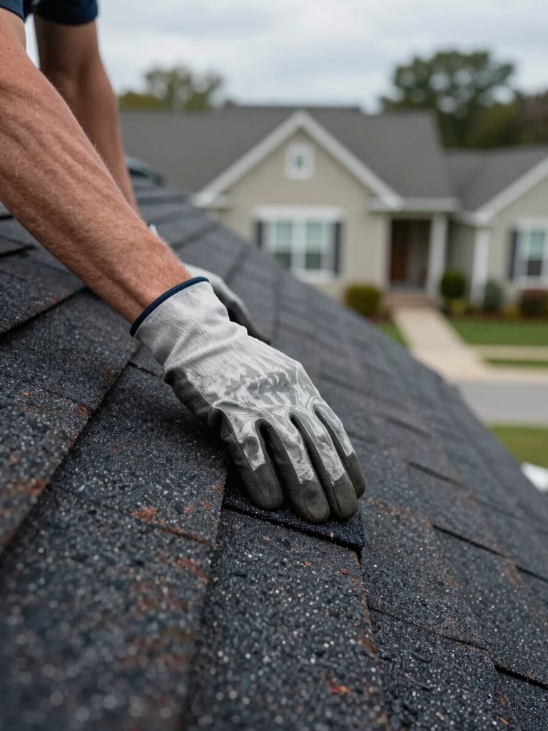Close-up of a roofer's gloved hands pressing a dark asphalt shingle into place on a residential roof, another row of shingles visible below, natural overcast daylight, South Shore suburban roofline in soft focus behind