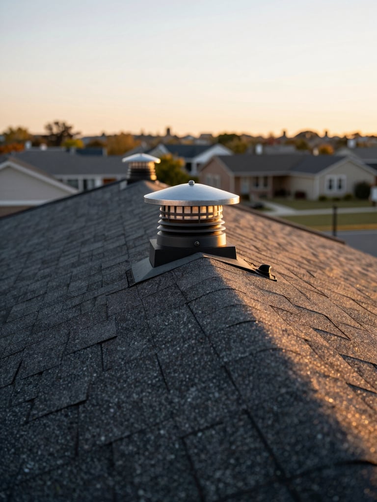 Close-up of a ridge vent installed along the peak of an asphalt shingle roof, late afternoon golden hour light raking across the textured surface, no people, South Shore suburban rooftop context visible in background