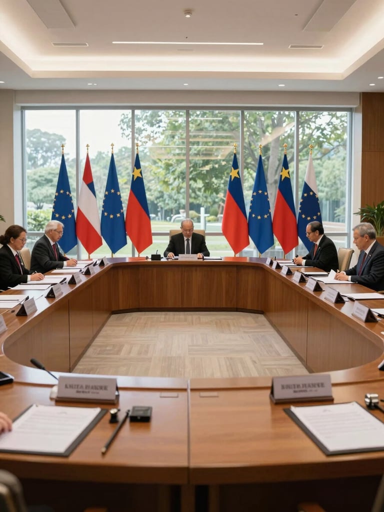 Wide environmental shot of a formal diplomatic conference room, natural daylight through large windows, structured wooden table with official documents and national flags, solemn institutional atmosphere.