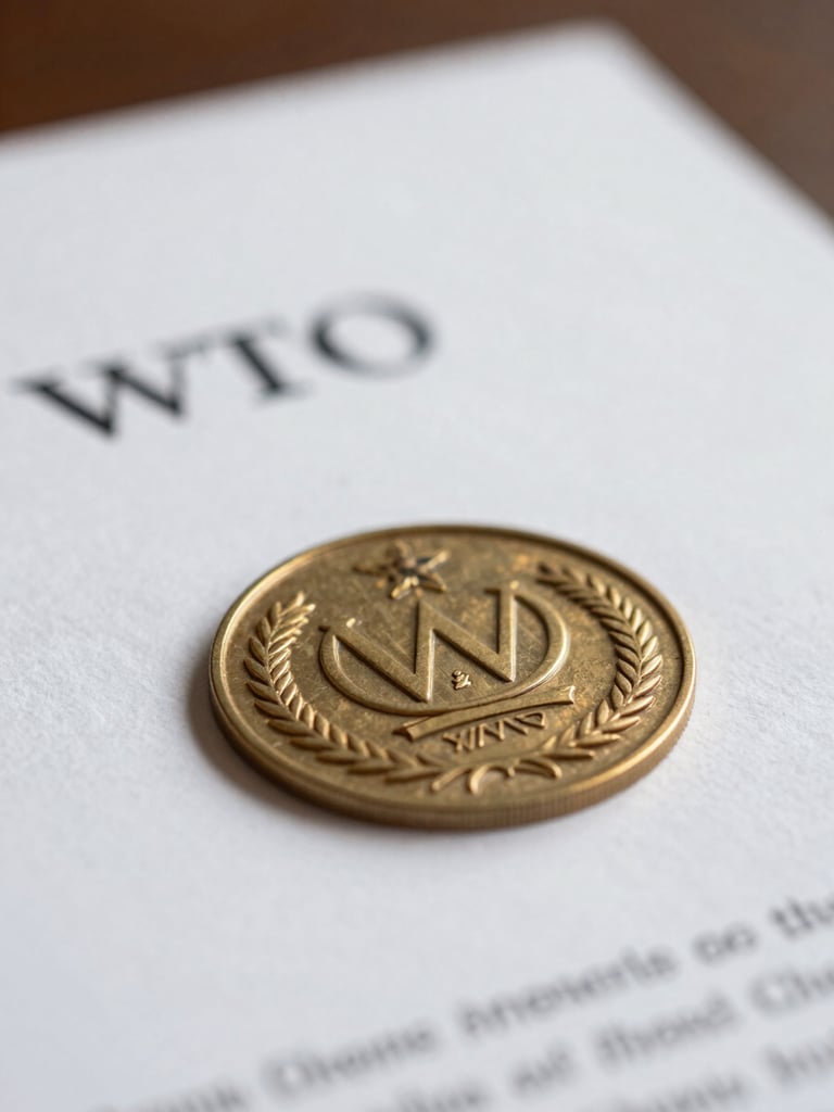 Macro shot of official legal treaty documents with the WTO seal visible, natural soft lighting on paper texture, professional depth of field.