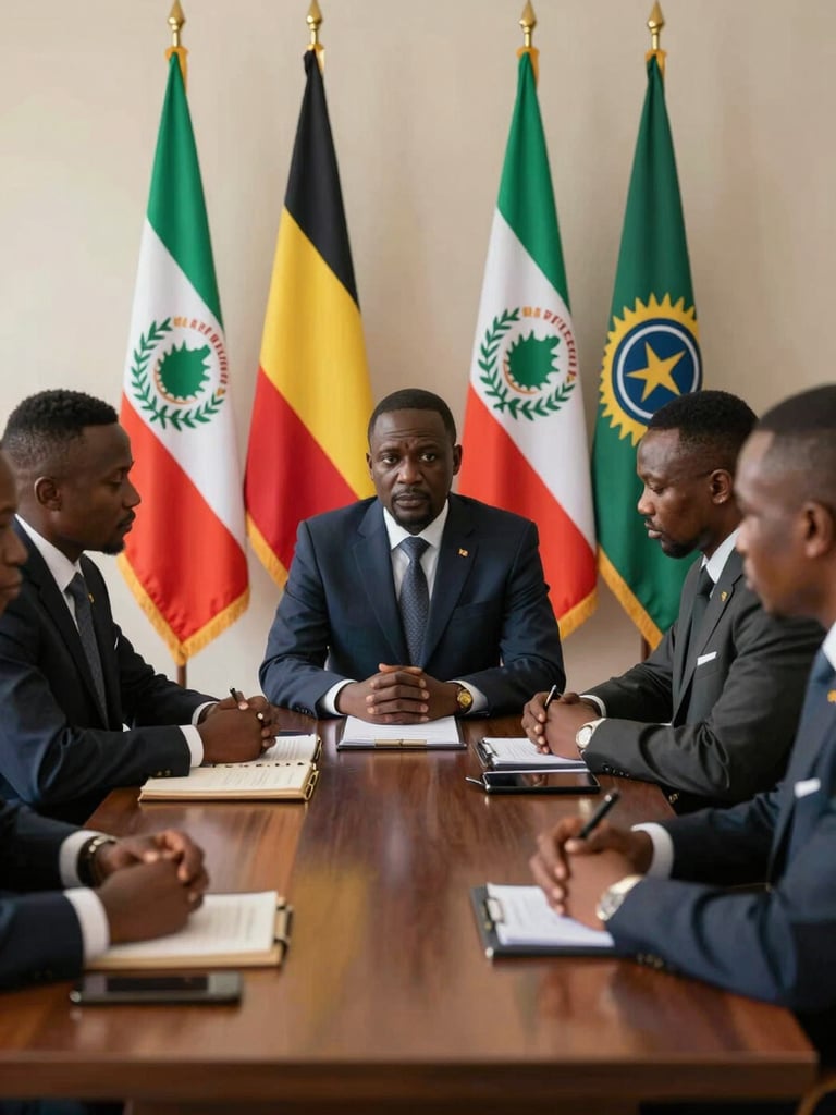 Diplomates congolais en discussion formelle autour d'une table de négociation en bois sombre, éclairage doux, arrière-plan sobre avec drapeaux officiels.