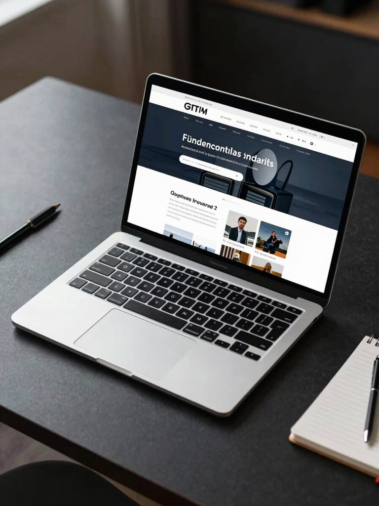 Wide-angle flat lay of a modern website displayed on a clean MacBook Pro, placed at an honest slight angle on a dark matte desk surface, soft studio lighting from upper left, minimal tools and a notepad visible at the far edge — no clutter, no people, professional and purposeful