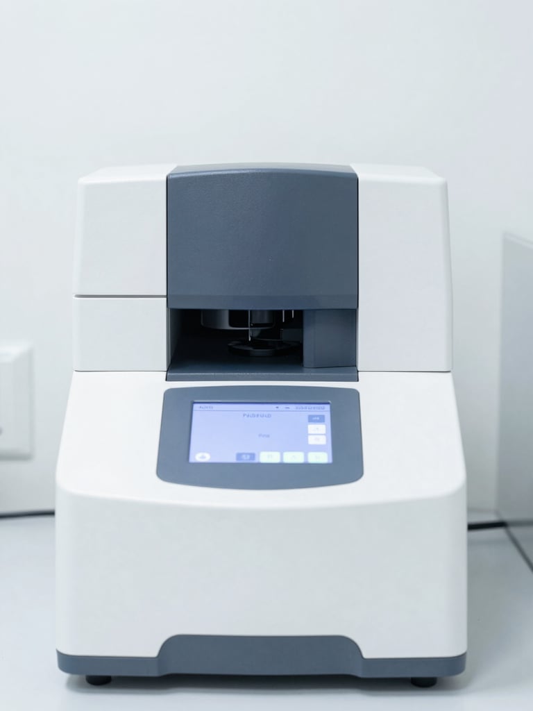 Sharp centered shot of a modern laboratory analyzer with glowing digital interface, bright high-key medical photography, sterile white studio backdrop, sharp focus