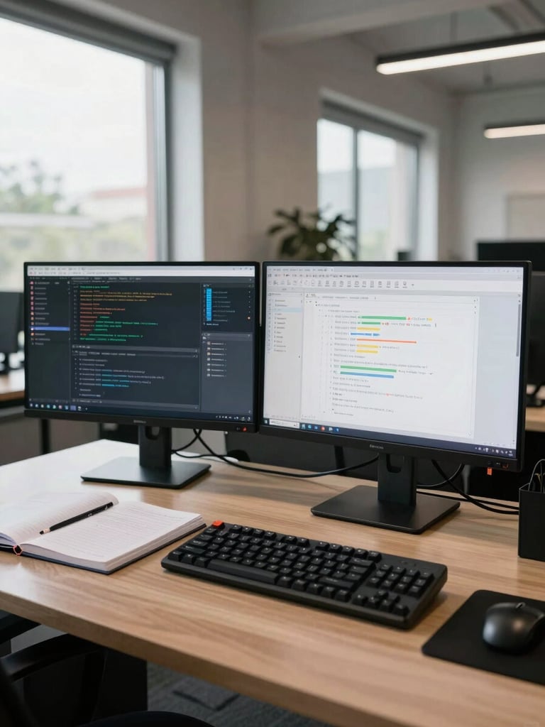 Wide shot of a developer workspace — two monitors displaying terminal output and a database schema diagram, natural office window light falling across the desk from the left, reference notebooks open beside a mechanical keyboard, no person in frame, architectural overhead framing showing the full working environment