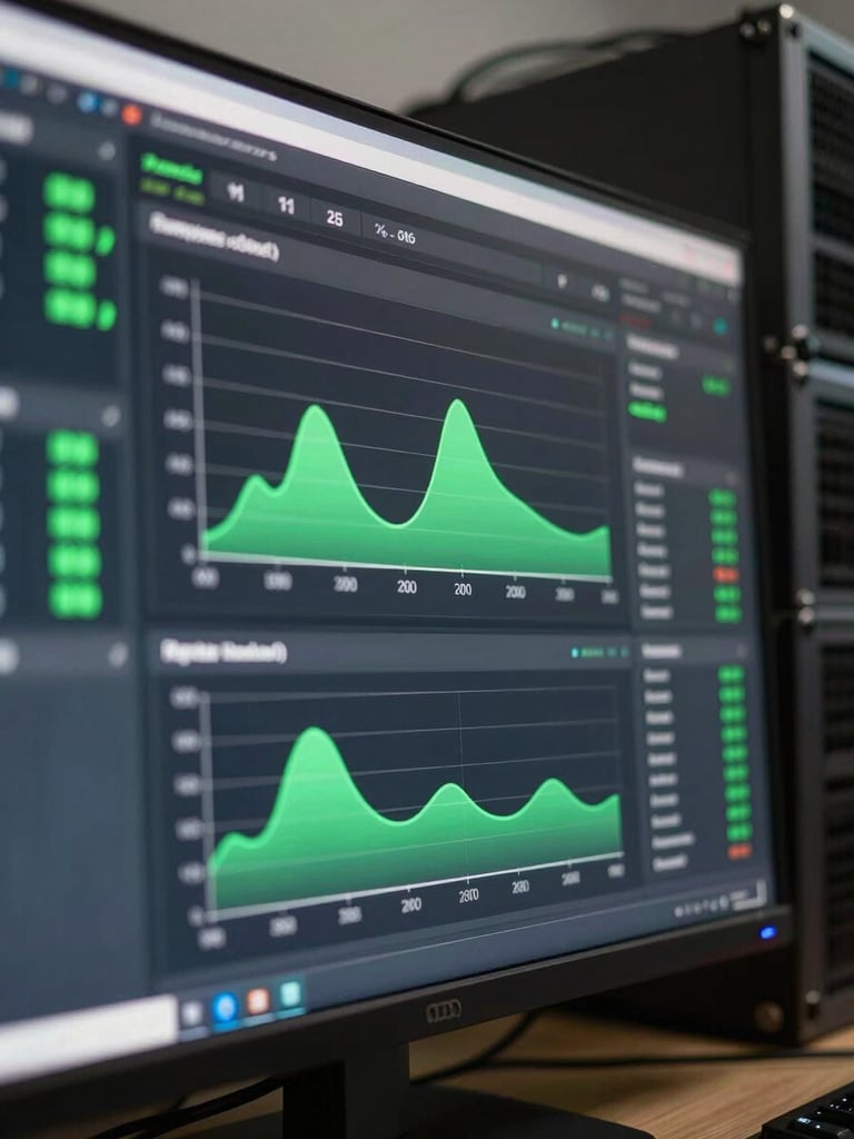 Close crop of a deployment dashboard on a large monitor, green uptime indicators and request latency graphs visible, screen glow in a darkened workspace, cables and server rack edge in background, no people, tight architectural framing