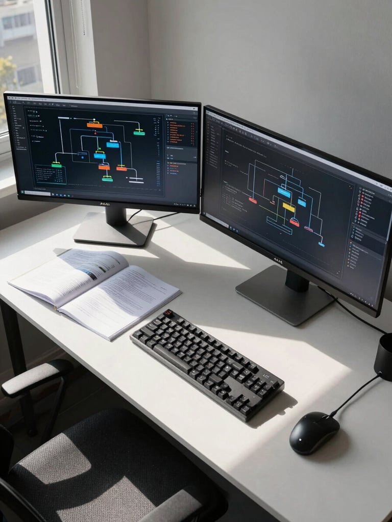Wide-angle shot of a developer workspace from above — two large monitors displaying infrastructure topology diagrams and terminal output, a printed architecture document open beside a mechanical keyboard, natural daylight from a window to the left casting clean directional shadows across the desk surface