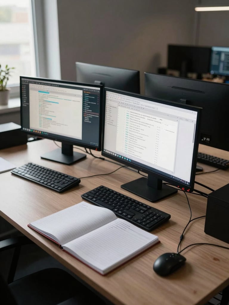 Wide shot of a developer workspace, two large monitors displaying database schema diagrams and terminal output, natural window light from the left, reference notebooks open on the desk, no people visible, overhead perspective showing the full working environment