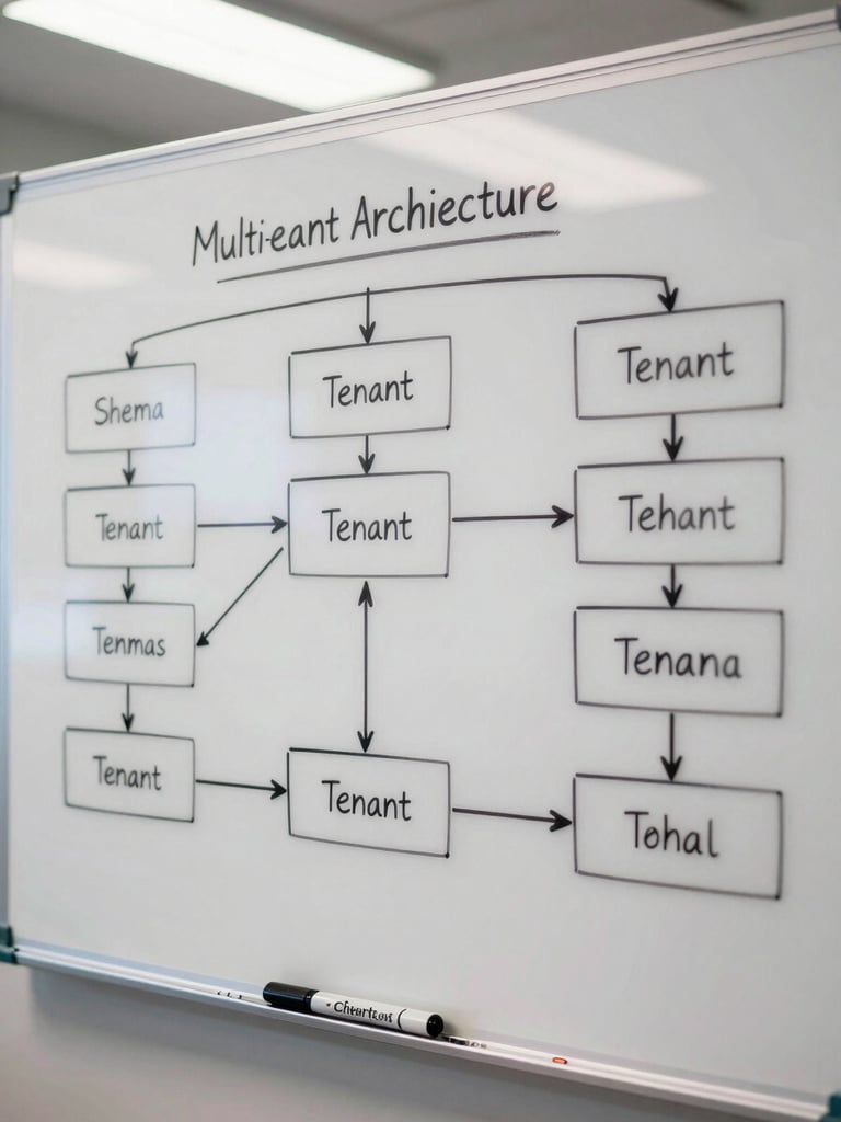 Overhead shot of a whiteboard covered in a multi-tenant architecture diagram, boxes labeled with schema names and arrows showing tenant routing, dry-erase marker resting at the bottom edge, natural office light from above, no people