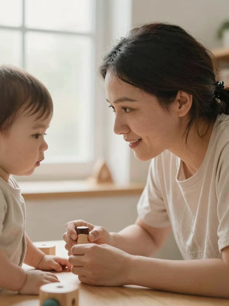 Warm editorial photograph of a caregiver at eye-level with a toddler, natural wooden toys, soft window light, shallow depth of field, 35mm.
