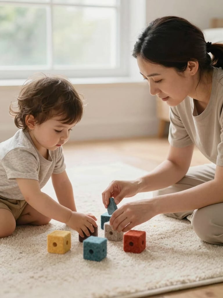 A caregiver interacting at eye-level with a young child playing with soft felt blocks on a clean cream rug, natural window light, shallow depth of field, warm editorial photography