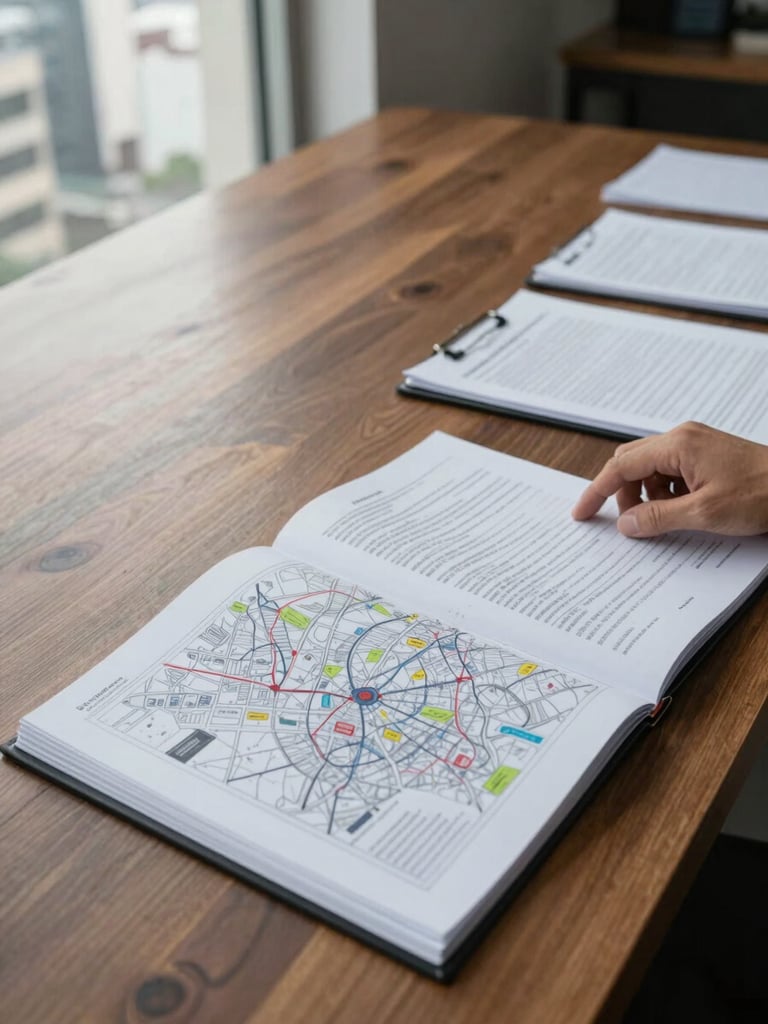Wide editorial shot of a large wooden desk surface, regulatory binders and printed market maps spread open, a hand resting on annotated documents, daylight from a window to the left casting a cool neutral light across the papers, Lima urban skyline faintly visible through glass in the background, generous negative space to the left of the frame