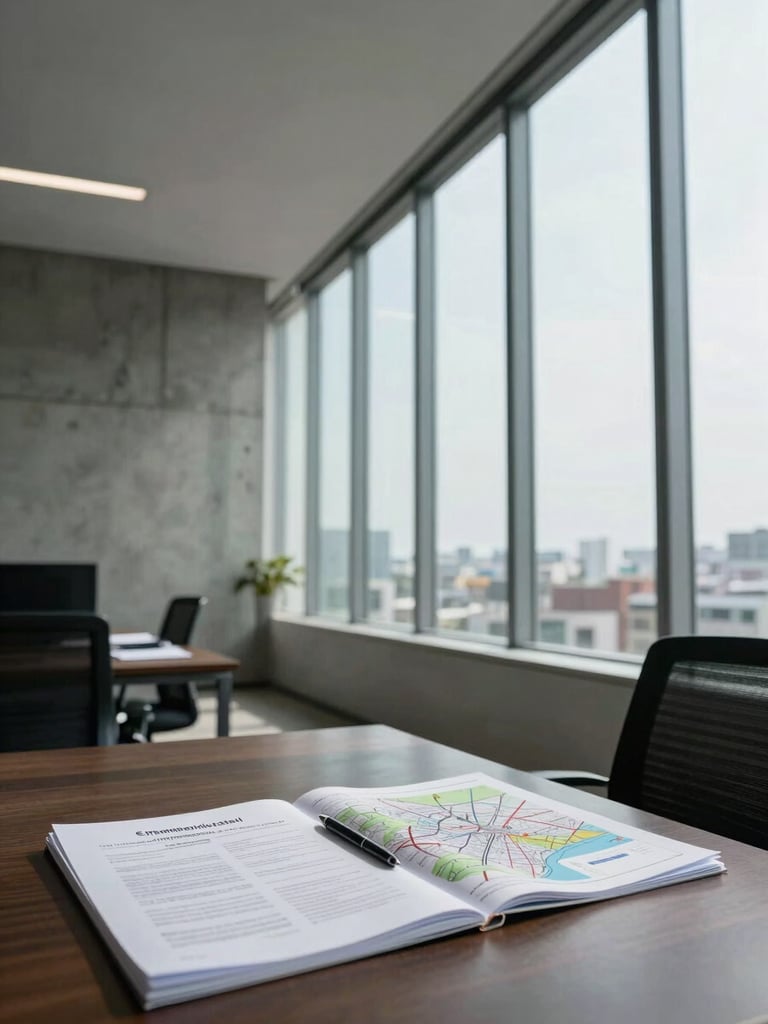 Wide environmental shot of a Lima office workspace interior, tall windows casting cool daylight across a desk with open regulatory documents and a city map, architectural concrete detail on the left wall, generous negative space above