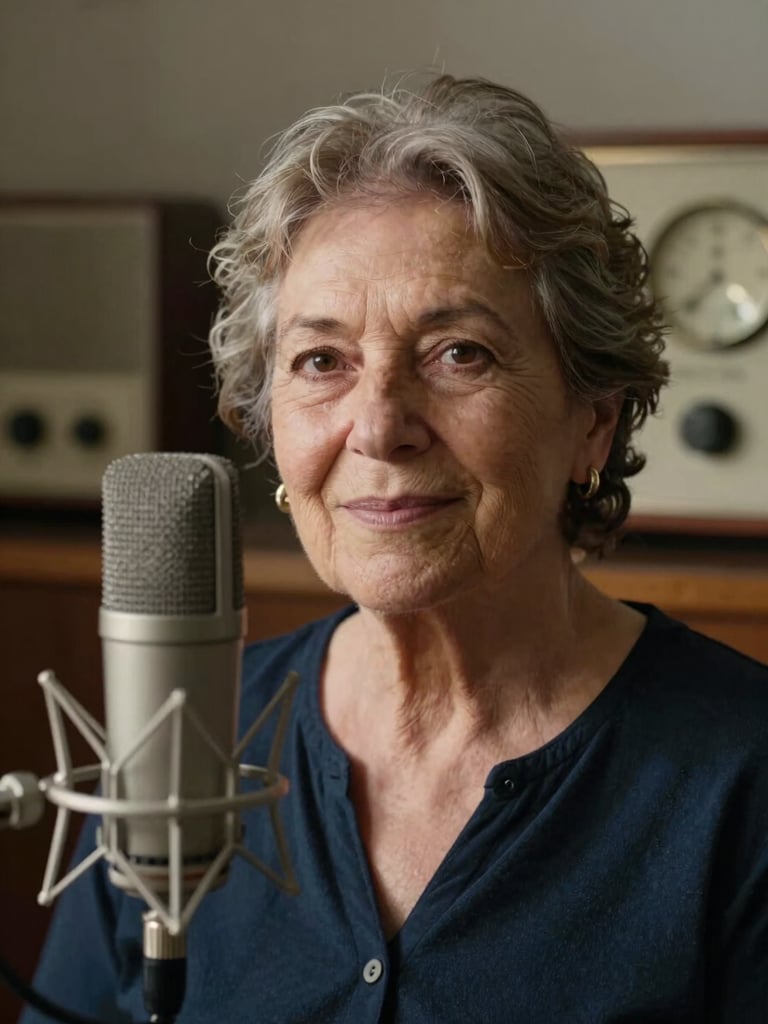 Medium portrait shot of an older Argentine woman at a vintage studio microphone, warm afternoon light catching her face as she looks directly into the camera with a knowing smile, analog radio dials softly blurred in the background