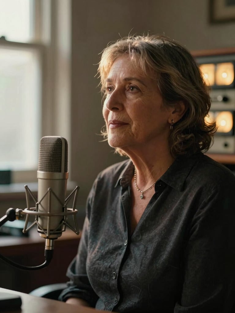 Medium shot of an older Argentine woman, warm and expressive, seated before a vintage studio microphone in a softly lit broadcast room, afternoon golden light from a side window catching the side of her face and the chrome of the mic, analog radio dials glowing amber in the background