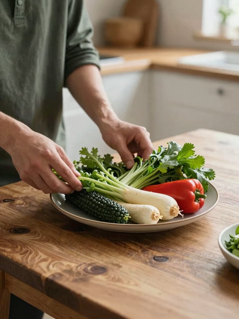 Medium shot of a photographer styling a plate of fresh, seasonal vegetables on a rustic wooden table, soft north-facing daylight, hands visible, cozy Scandinavian-inspired kitchen setting, rich green and parchment tones, 35mm