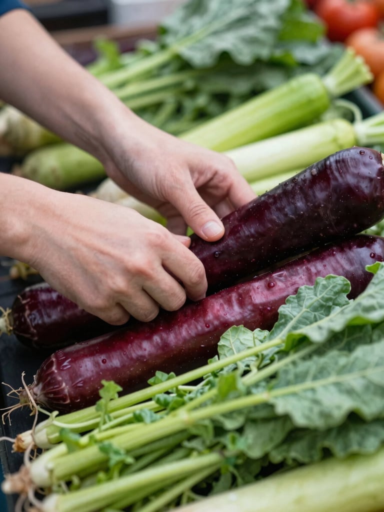 Close-up of hands arranging fresh, heirloom vegetables on a market stall, soft north-facing daylight, rich crimson and forest green tones, shallow depth of field, 35mm