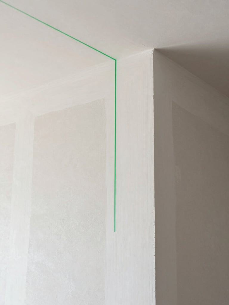 Clean architectural photography, bright natural daylight, crisp plaster textures of a freshly finished drywall corner, a green laser level line casting a precise guide, minimalist composition, 35mm lens