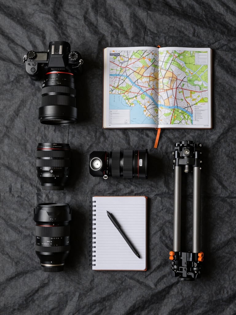 Overhead flat-lay of expedition gear laid out on a tarp — camera body, lenses, field notebook, topographic map, headlamp, and compact tripod arranged in operational sequence, charcoal canvas surface, harsh directional light from one side, no people