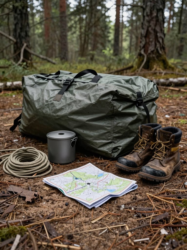 Overhead close-up of expedition packing laid out on forest floor — tarp, rope, cookset, worn boots, folded map — natural overcast light filtering through pine canopy, sand and brown earth tones, no people