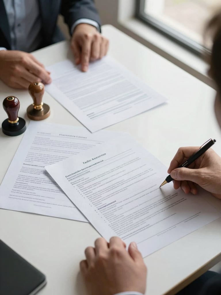 Overhead wide shot of a closing table, hands reviewing a title abstract document, official seals and signed papers spread across the surface, natural window light from the right, crisp document detail visible mid-frame