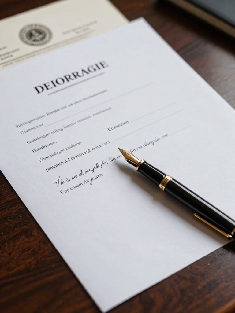 Close-up overhead composition of official title abstract documents spread across a dark mahogany desk, a gold-tipped fountain pen resting diagonally across signed pages, stamped seals and notary marks visible in sharp focus, studio lighting from above with crisp shadows, no people