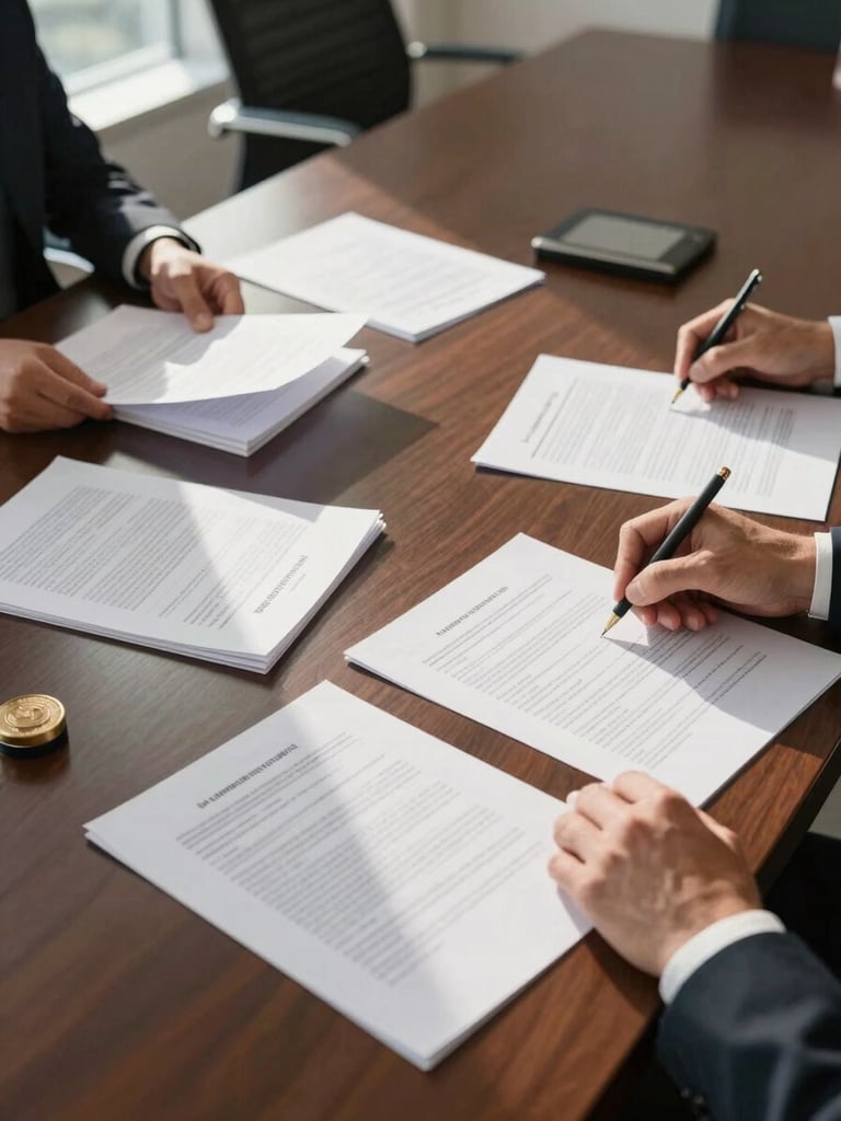 Wide shot of a polished conference room table from above, closing documents and title abstracts spread open, two sets of hands reviewing pages, official seals visible, natural window light from the left casting clean shadows across the papers