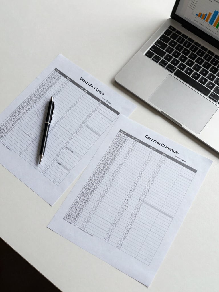 Overhead flat-lay of a desk with printed consortium group spreadsheets, a pen resting on data rows, and a laptop screen showing a comparison chart—studio strobe lighting, high contrast, clean white surface, no people visible