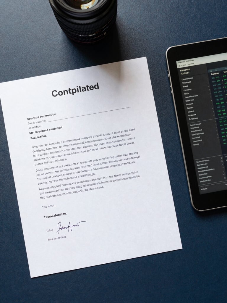 Overhead flat-lay of financial documents, a printed contemplated-letter form and a tablet displaying a data dashboard, on a dark navy desk surface under bright north-facing studio light, high contrast, no shadows