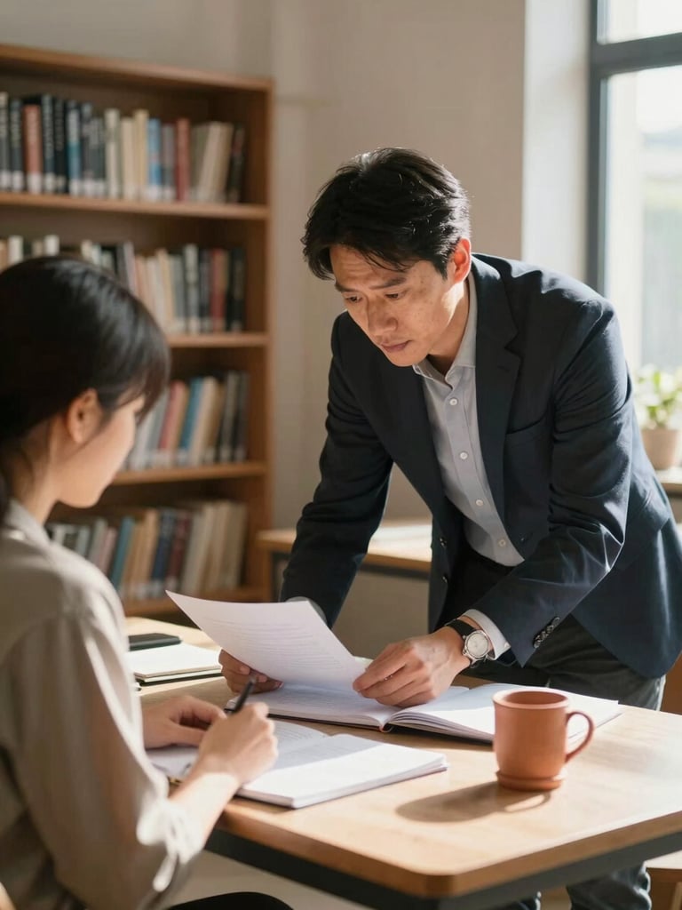 Three-quarter angle of a mentor leaning forward across a low table toward a student, both looking at a shared page, a sunlit reading room with wooden shelves visible in the background, warm morning light from a side window, notebooks and a clay cup on the table
