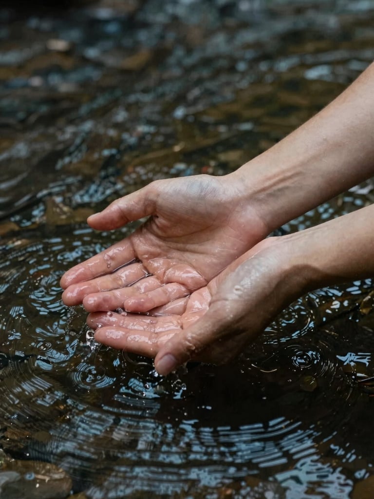 Close-up of hands gently parting dark river water, soft ripples reflecting dappled forest light, organic textures of wet skin, portrait orientation