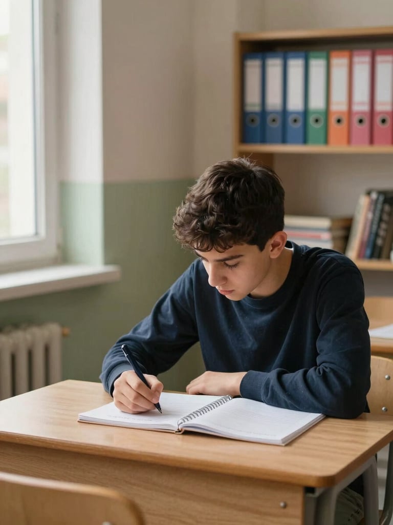 Medium shot of a bright classroom corner in a Mardin tutoring center, a student writing in a notebook at a wooden desk, warm window light from the left, a bookshelf with colorful binders visible in the background, lived-in and calm atmosphere