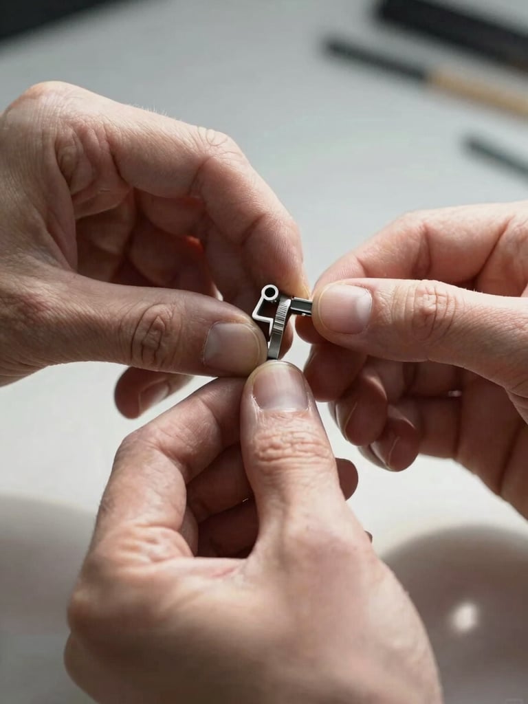 Documentary close-up of hands holding a precision metal jewelry model at actual scale against a sparse studio surface, natural north-facing daylight from the left, no fill flash, fingers examining the setting detail, high contrast shadows on the fingers and form