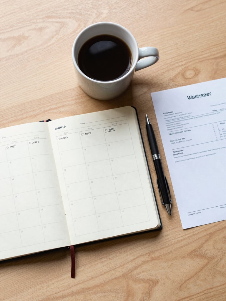 Overhead flat-lay of a tidy desk corner: an open planner with handwritten week schedule, a ceramic coffee mug, a ballpoint pen, and a folded invoice printout, all on a light oak surface, soft natural daylight from above, no people, organised and matter-of-fact