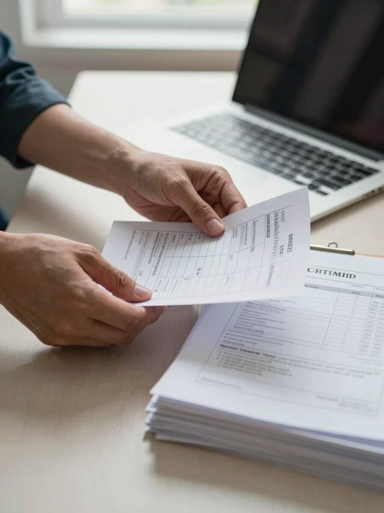Hands sorting printed invoices and a small stack of administrative papers on a light desk, a laptop open in the background, practical indoor daylight from a nearby window, no faces visible