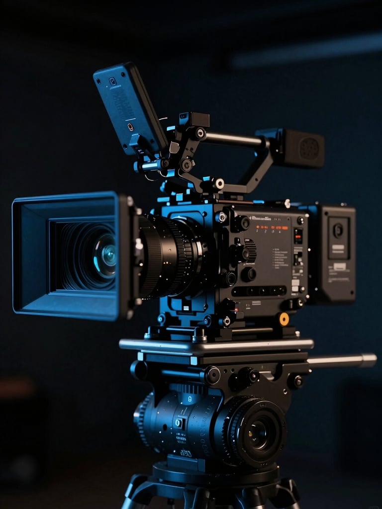 Anamorphic 35mm close-up of a high-end digital cinema camera rig in a low-key studio environment, dramatic side-lighting, cool blue tones, deep shadows.