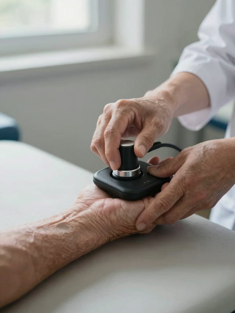 Close-up of a clinician's hands applying a grip-strength dynamometer to an older patient's right hand resting on a clinical table, soft natural window light from the upper left, the patient's forearm and wrist in sharp focus, the clinician's sleeve slightly blurred in the background