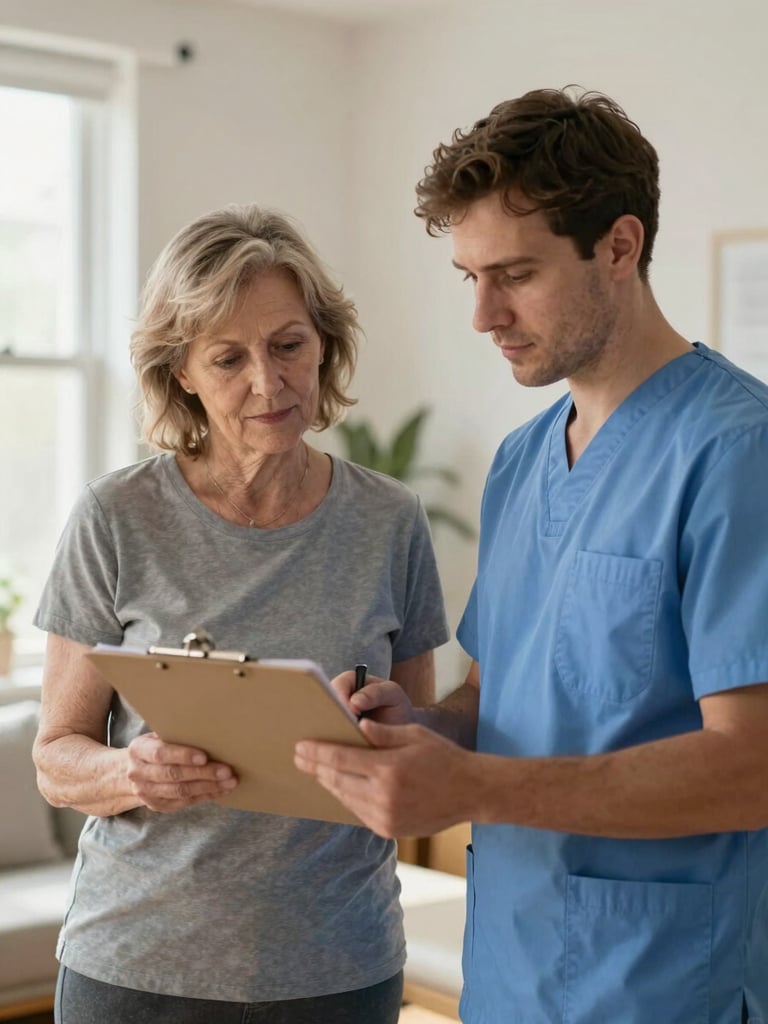 Portrait-oriented photograph of an older woman standing beside a physical therapist in a bright home setting, both looking at a checklist on a clipboard, warm natural light from a side window, calm and focused expressions, no medical gowns