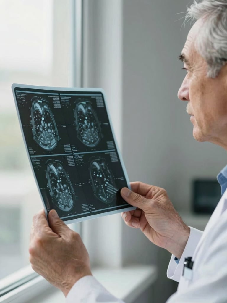 Close-up portrait frame, a geriatrician's hands holding a printed imaging scan up toward a bright clinic window, soft natural daylight streaming from the left, face partially visible in shallow focus behind the scan — thinking at work, not posed