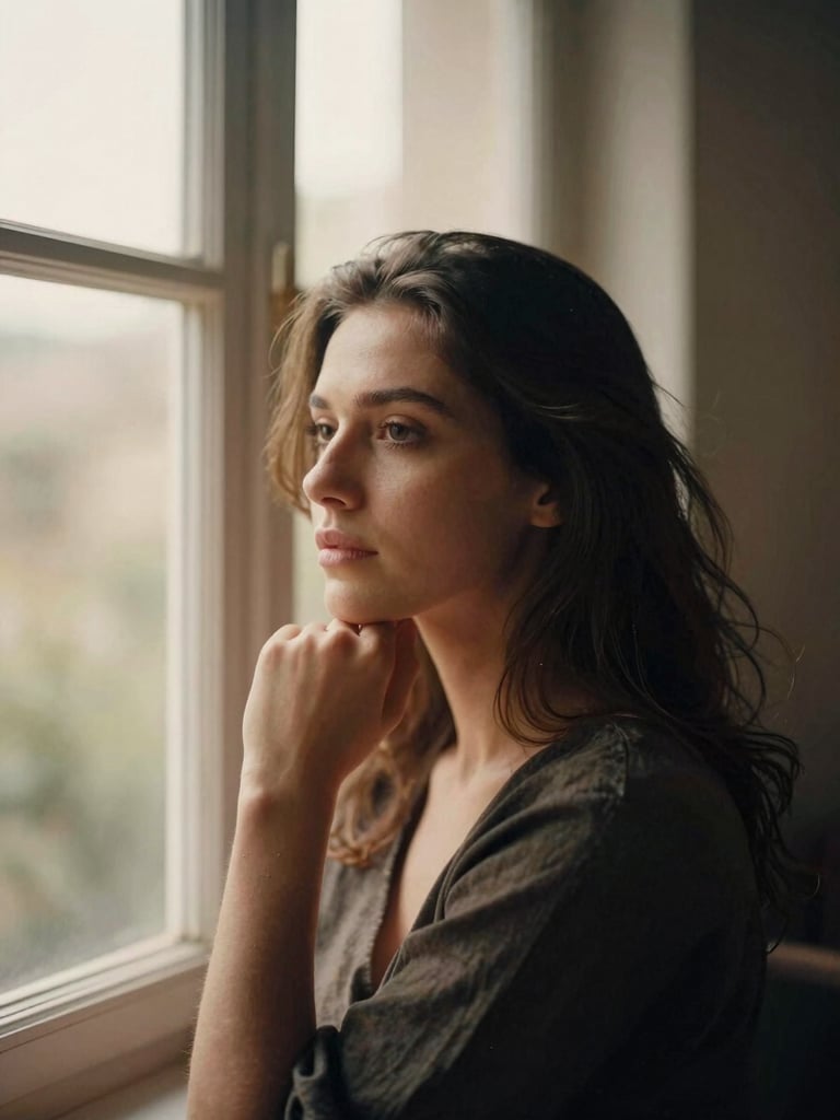 Mulher pensativa e confiante, em ambiente natural com luz suave de janela, tons quentes e profundos, profundidade de campo rasa, estilo fotográfico editorial.
